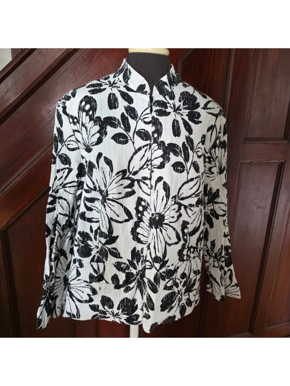 Alfred Dunner Womens Floral Print Jacket Black & White Size 16W Zip Front
